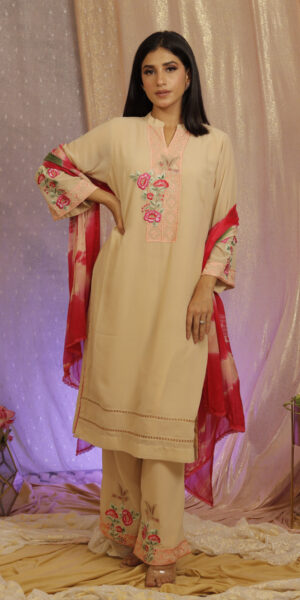 Beige Suit leheriya dupatta Set