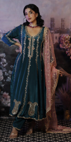 Crackle blue Anarkali with Palazo and organza dupatta
