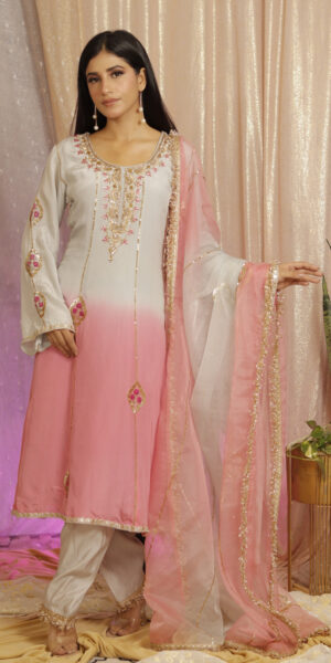 Grey Powder Pink Anarkali Set