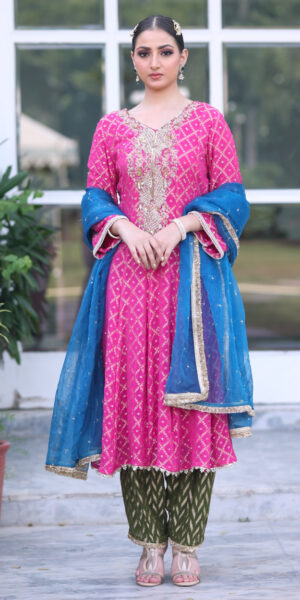 Magenta green Banarsi A-line Anarkali set