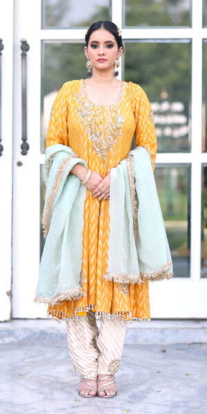 Mango yellow Banarsi A-line Anarkali set