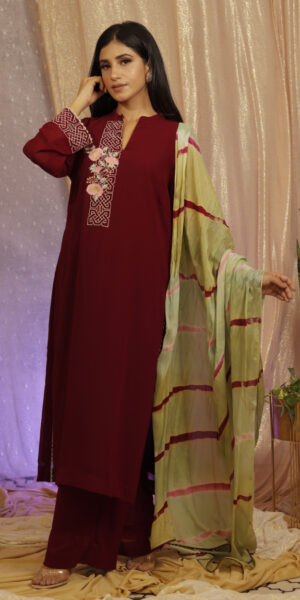 Maroon Suit Leheriya dupatta Set