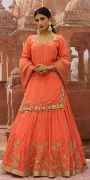 Peachy Coral light wear lehenga set