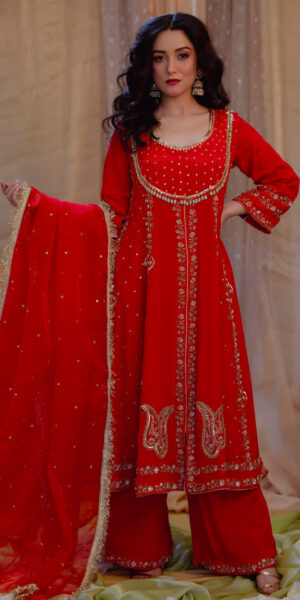 Rang e' Laal-Bright red Anarkali Set Front open